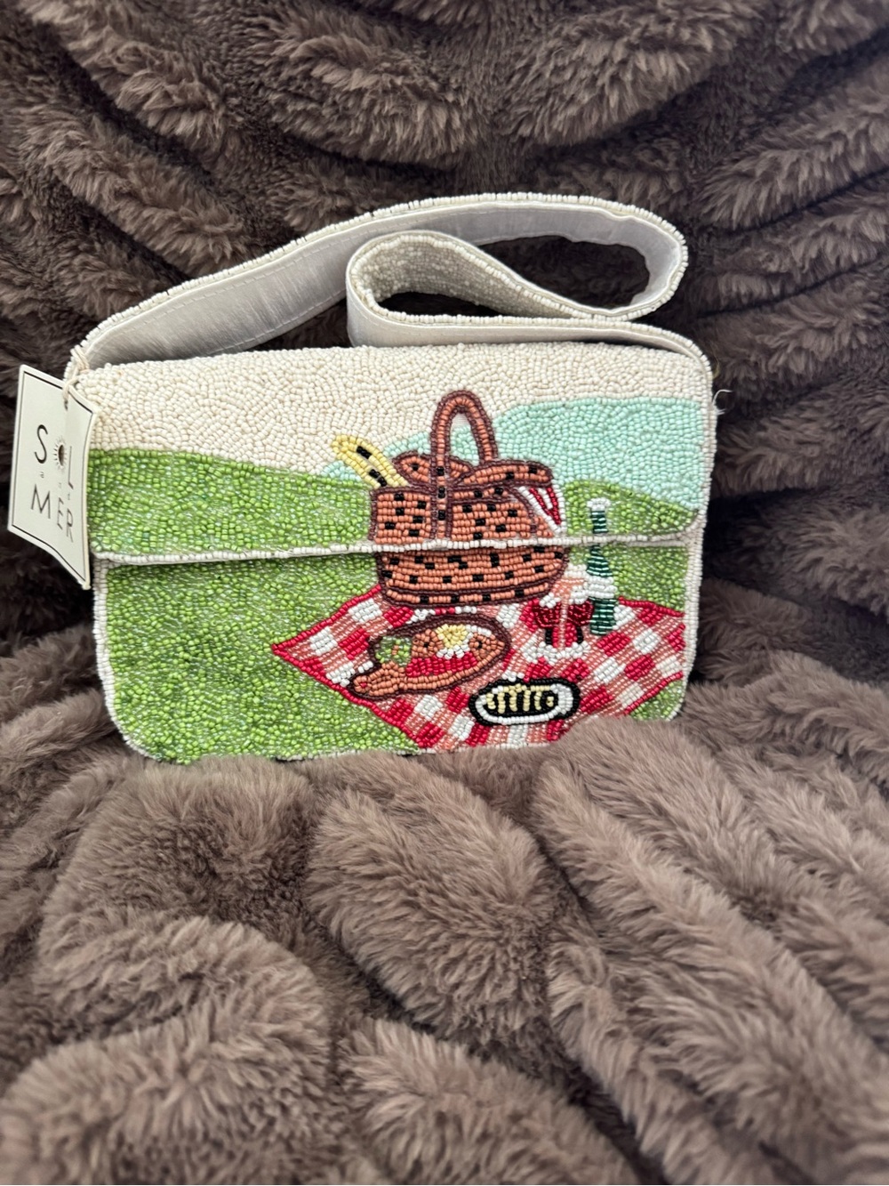 Beaded Picnic Scene Crossbody Bag in White, Green and Red